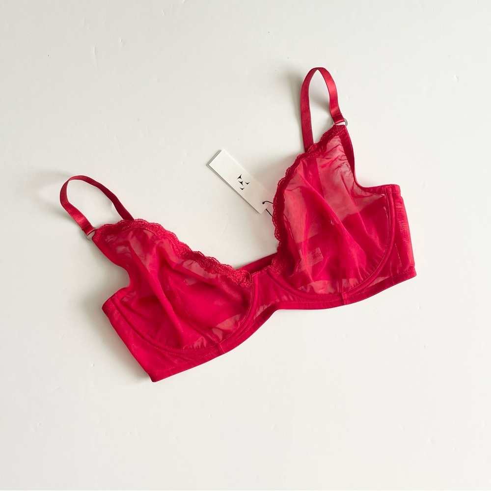 NWT Fleur de mal 38F Sheer Tulle Fuller Cup Demi Unlined bra in Rouge Red - Picture 2 of 8